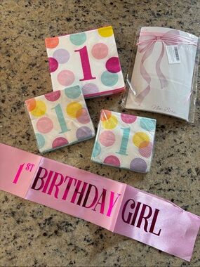 1st Birthday Girl Pink Party Napkins and Sash Set with photo backdrop and banner
